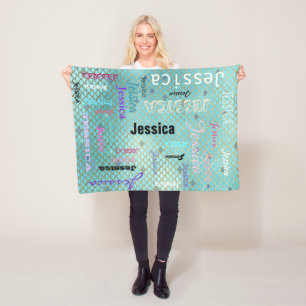 Personalized Name Typography Teal Mermaid Scales Fleece Blanket