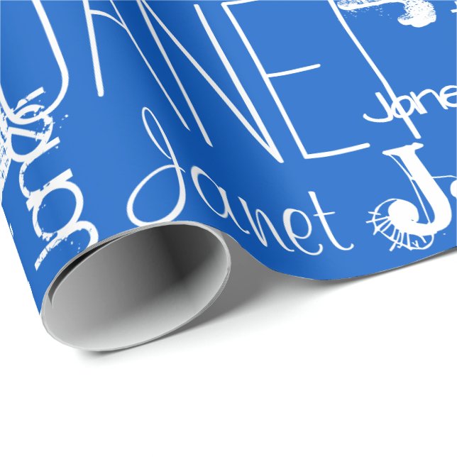 Personalized Name Typography White Blue Wrapping Paper (Roll Corner)