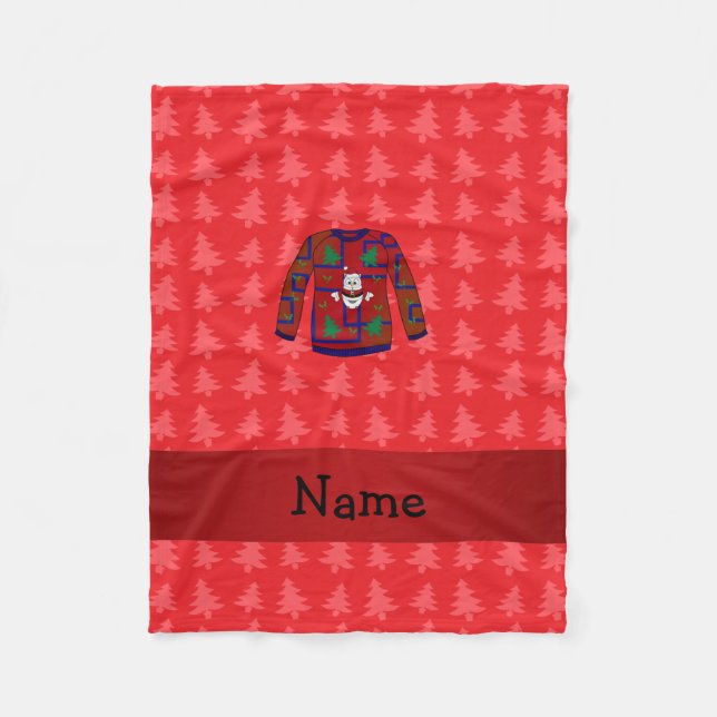 Personalized name ugly christmas sweater red trees fleece blanket (Front)