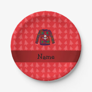 Personalized name ugly christmas sweater red trees paper plates