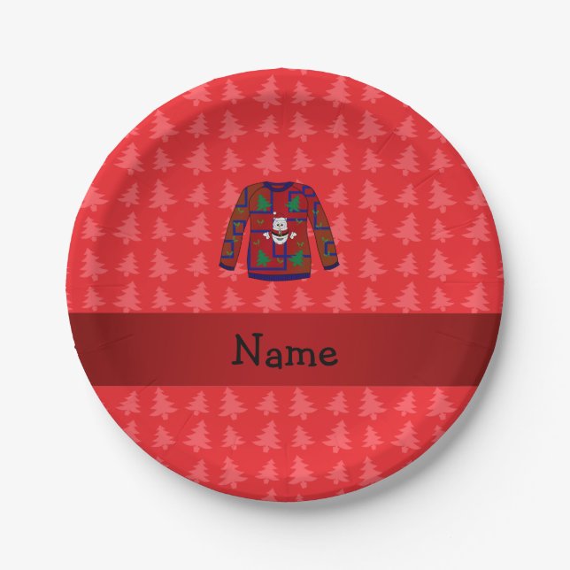 Personalized name ugly christmas sweater red trees paper plates (Front)