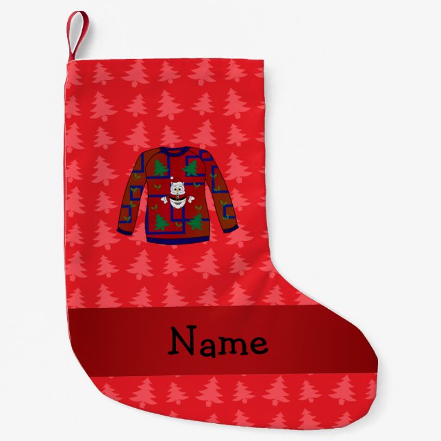 Personalized name ugly christmas sweater red trees small christmas stocking (Front)