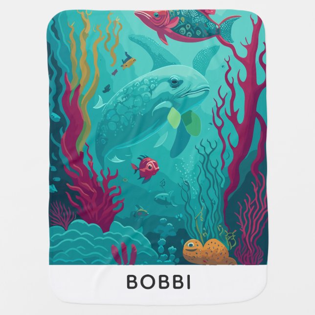 Personalized Name Underwater Themed Ocean Inspired Baby Blanket (Front)