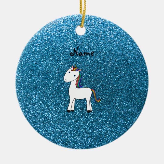 Personalized name unicorn blue glitter ceramic ornament (Front)