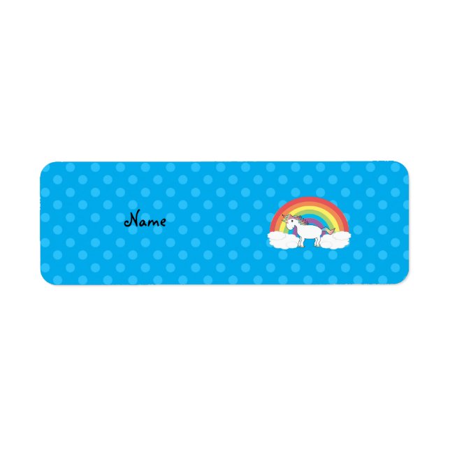 Personalized name unicorn blue polka dots label (Front)