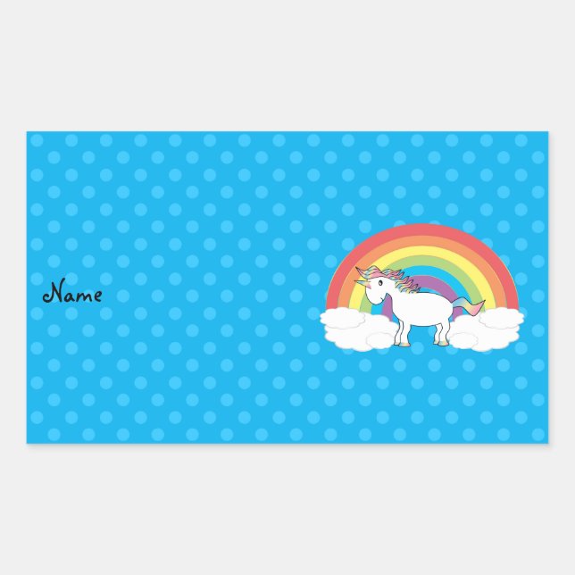 Personalized name unicorn blue polka dots rectangular sticker (Front)