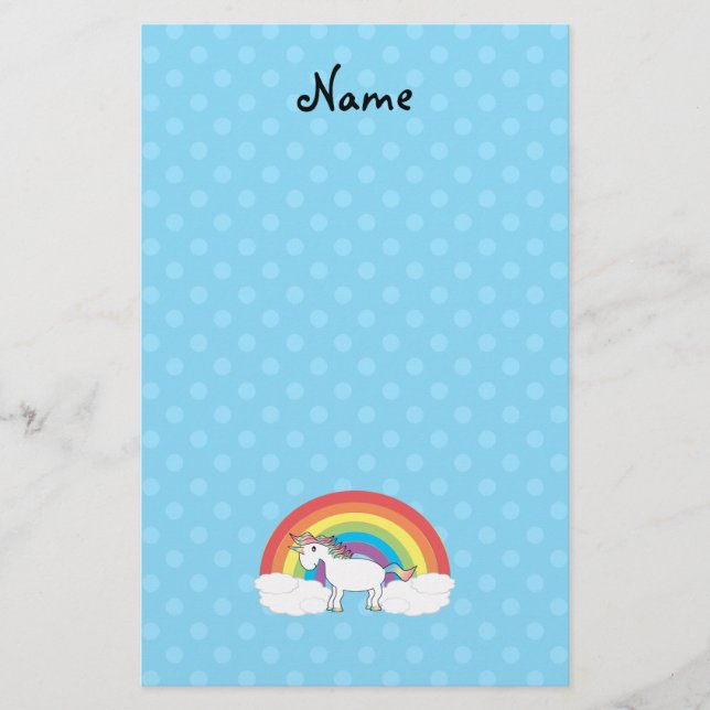 Personalized name unicorn blue polka dots stationery (Front)