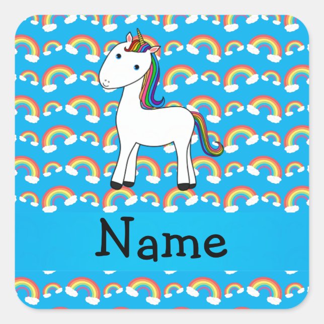 Personalized name unicorn blue rainbows square sticker (Front)