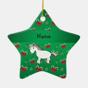 Personalized name unicorn green candy canes bows ceramic ornament