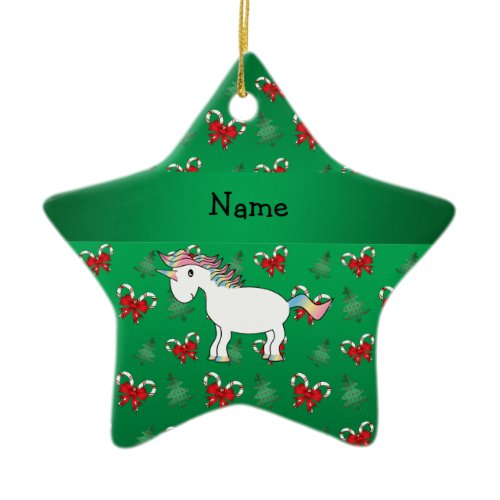 Personalized name unicorn green candy canes bows ceramic ornament