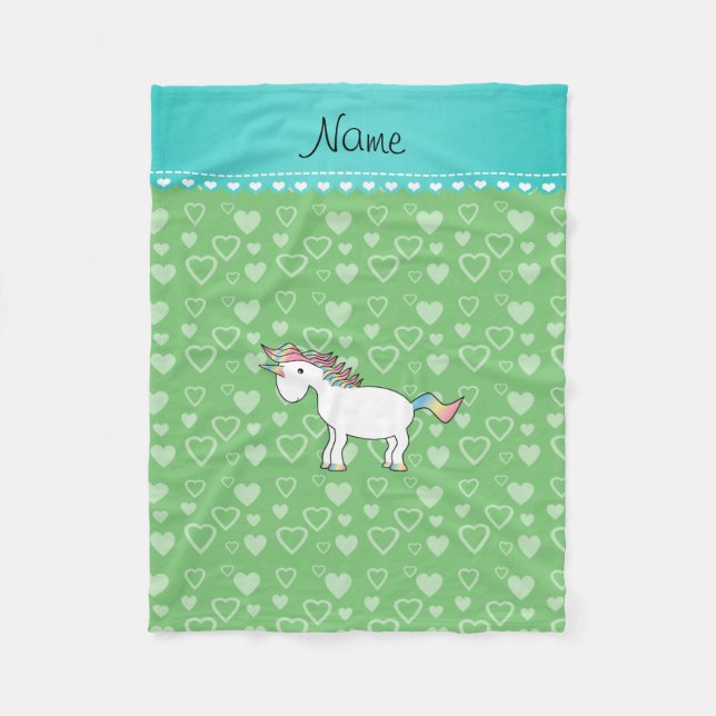 Personalized name unicorn green hearts fleece blanket (Front)