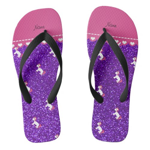 Personalized name unicorn indigo purple glitter flip flops