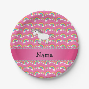 Personalized name unicorn pastel pink rainbows paper plates