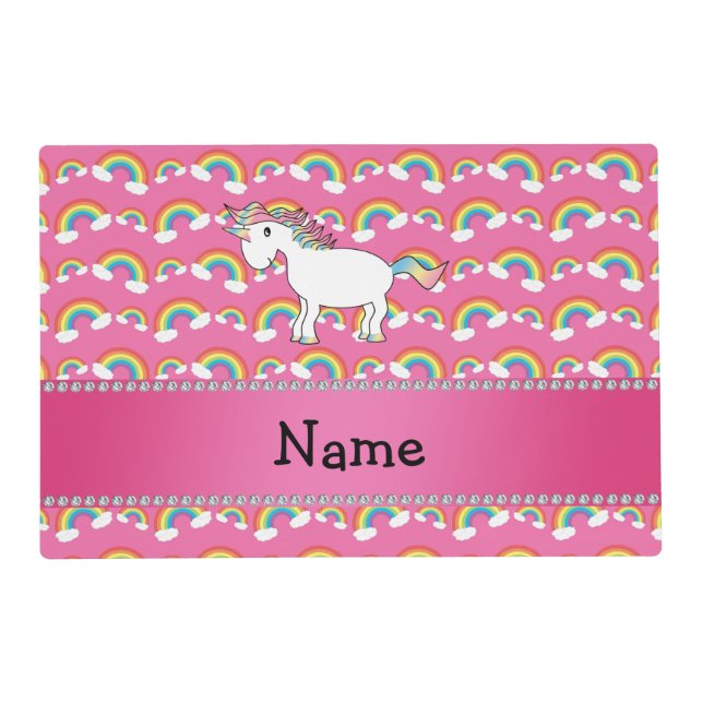Personalized name unicorn pastel pink rainbows placemat (Back)