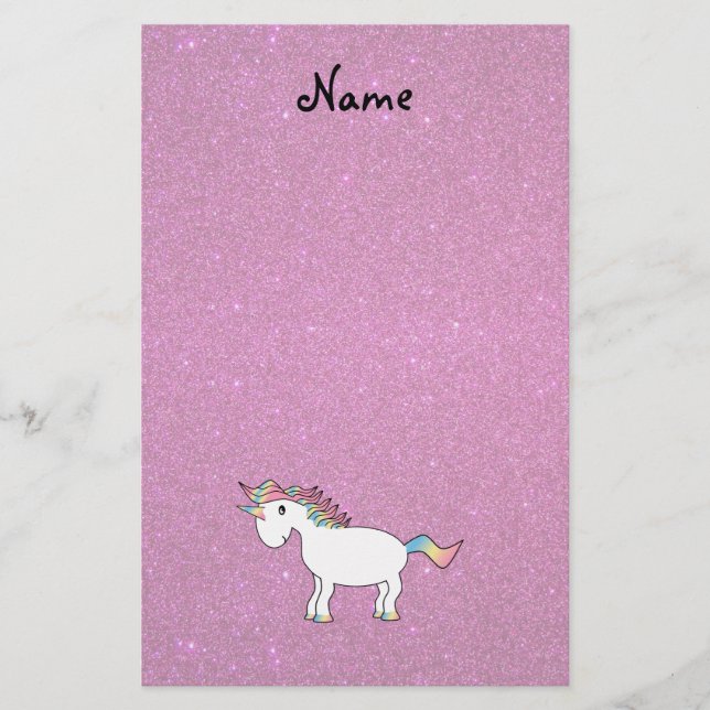 Personalized name unicorn pink glitter stationery (Front)