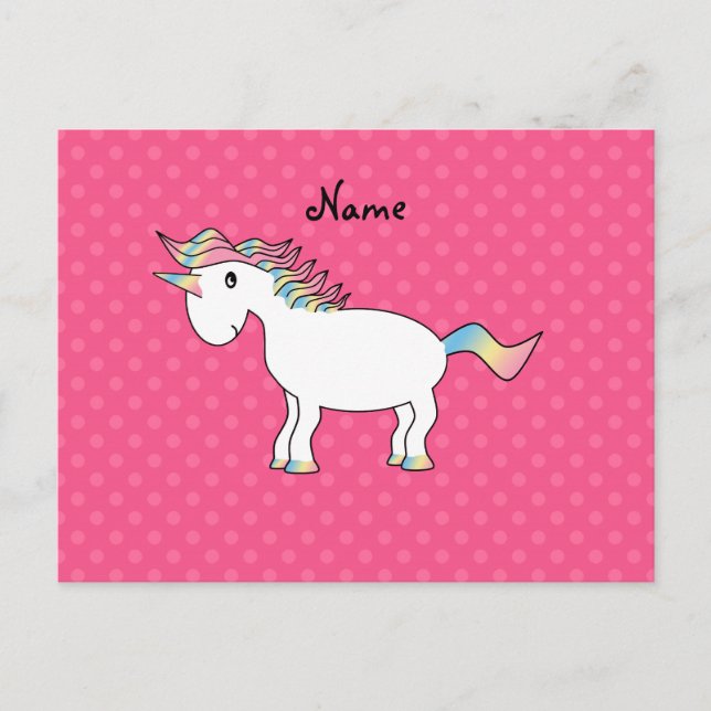 Personalized name unicorn pink polka dots postcard (Front)