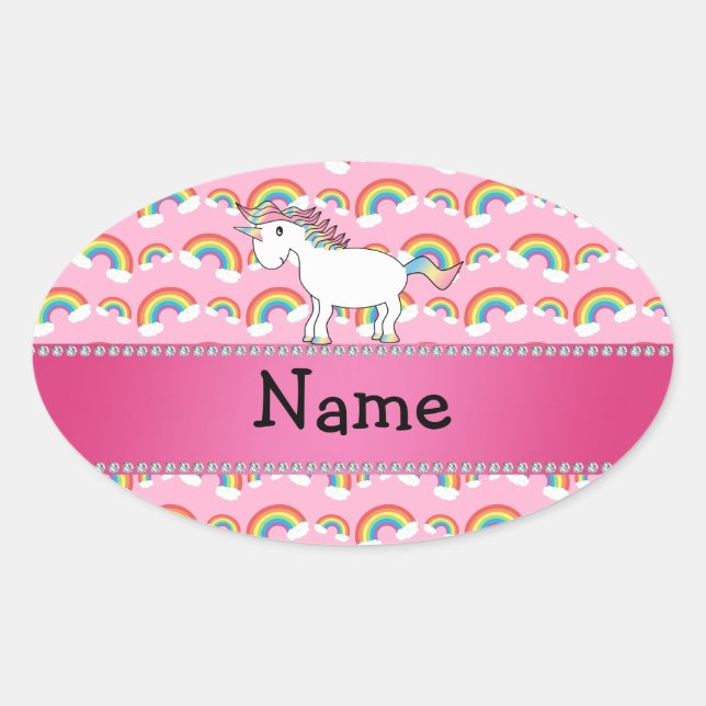Personalized name unicorn pink rainbows oval sticker (Front)