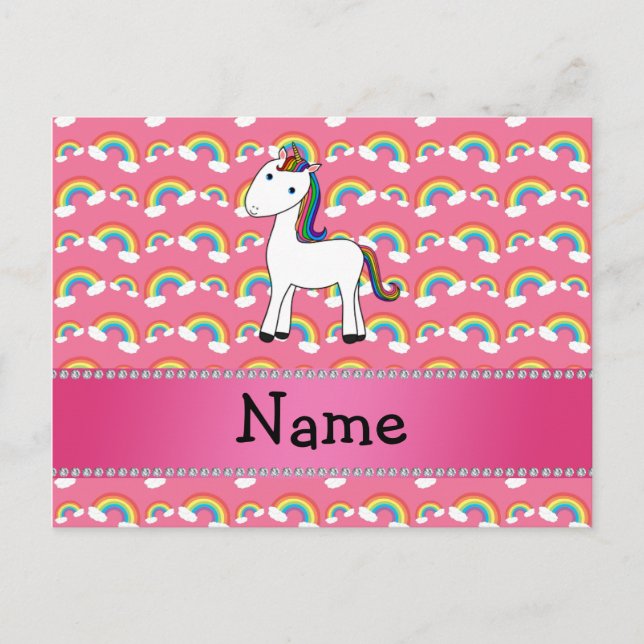 Personalized name unicorn pink rainbows postcard (Front)
