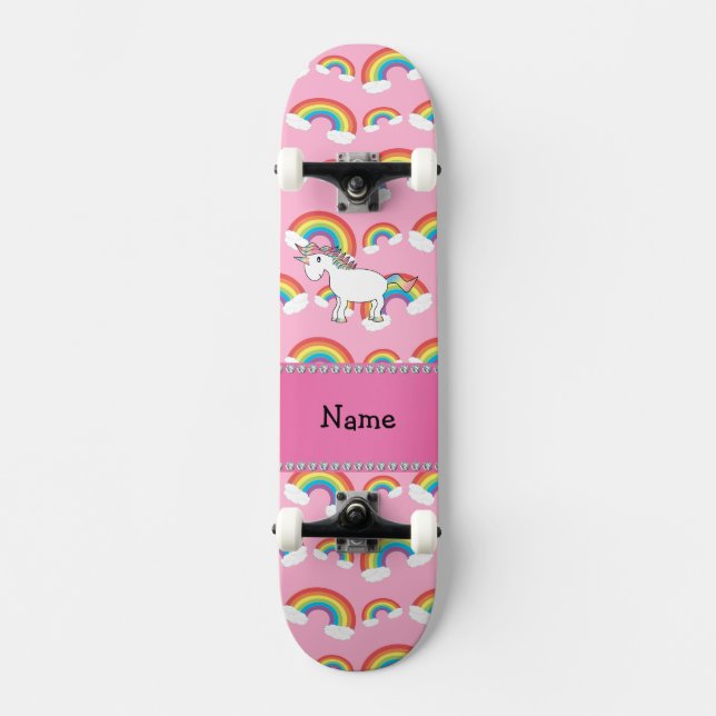 Personalized name unicorn pink rainbows skateboard deck (Front)