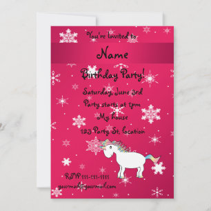 Personalized name unicorn pink snowflakes invitation