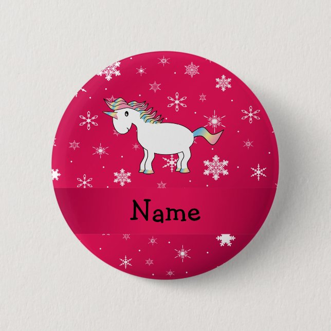 Personalized name unicorn pink snowflakes pinback button (Front)