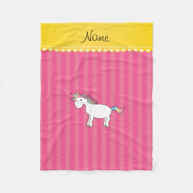 Personalized name unicorn pink stripes fleece blanket (Front)