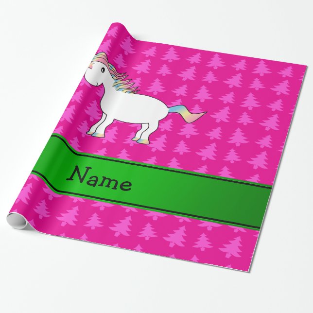 Personalized name unicorn pink trees wrapping paper (Unrolled)