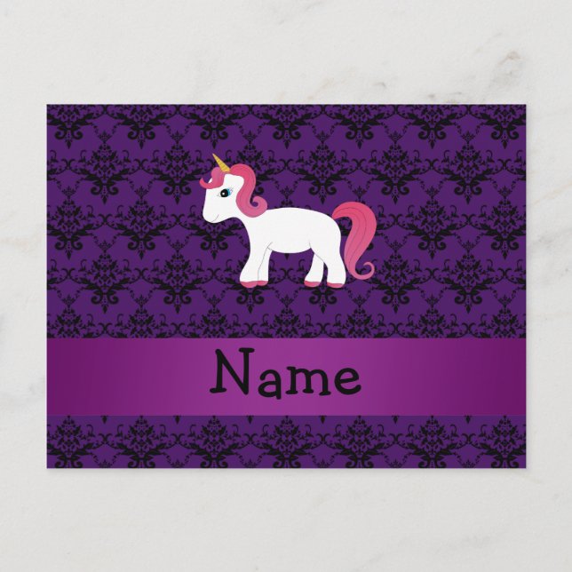 Personalized name unicorn purple damask postcard (Front)