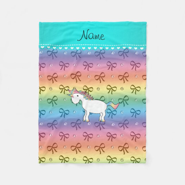 Personalized name unicorn rainbow diamonds bows fleece blanket (Front)