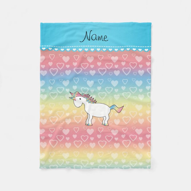 Personalized name unicorn rainbow hearts fleece blanket (Front)
