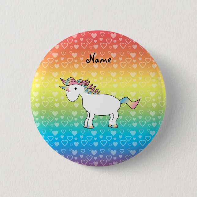 Personalized name unicorn rainbow hearts pinback button (Front)