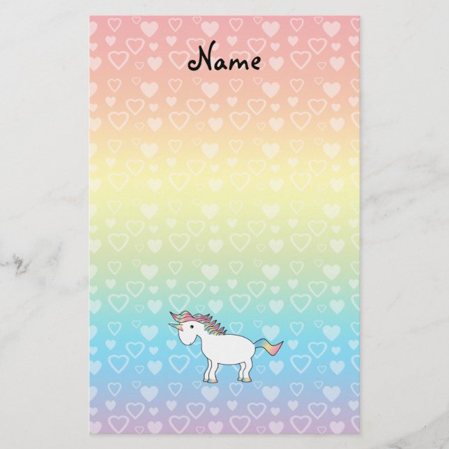 Personalized name unicorn rainbow hearts stationery (Front)