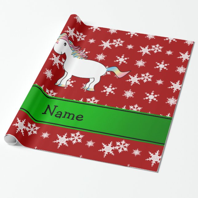 Personalized name unicorn red snowflakes wrapping paper (Unrolled)