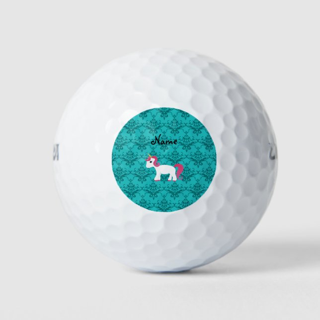Personalized name unicorn turquoise damask golf balls (Front)