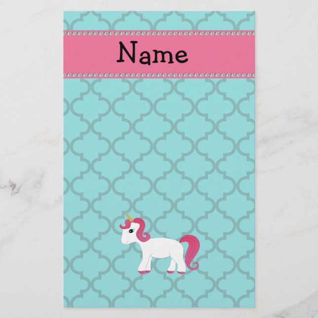 Personalized name unicorn turquoise moroccan stationery (Front)
