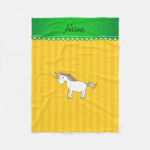 Personalized name unicorn yellow stripes fleece blanket