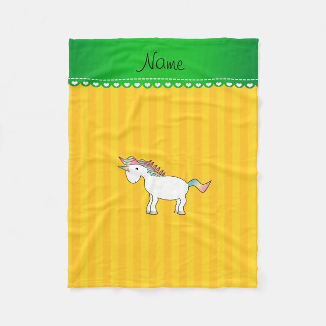 Personalized name unicorn yellow stripes fleece blanket (Front)
