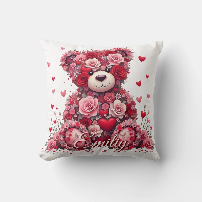 Personalized Name Valentine’s Day Floral Bear  Throw Pillow (Front)