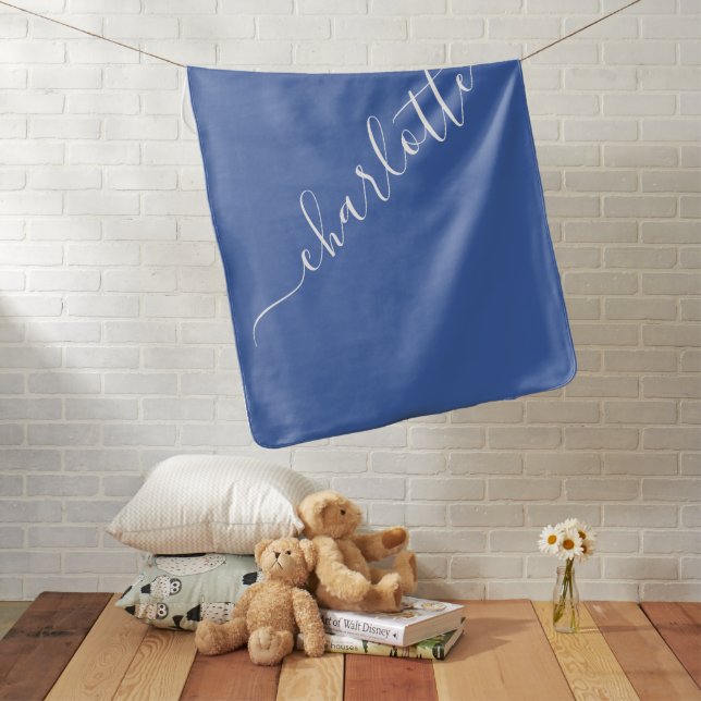 Personalized Name Vibrant Blue Handwritten Shower Baby Blanket (In Situ)