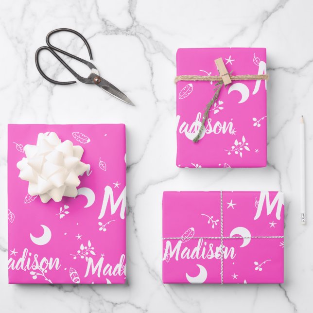 Personalized Name Vibrant Fuchsia Pink Wrapping Paper Sheets (Front)