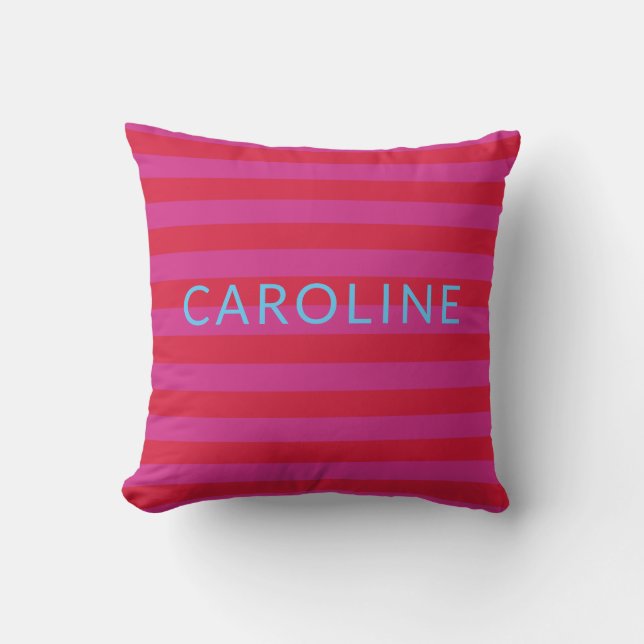 Personalized Name Vibrant Modern Pink Red Striped Throw Pillow (Front)