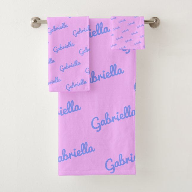 Personalized Name Vibrant Pink Blue Kids Teens Bath Towel Set (Insitu)