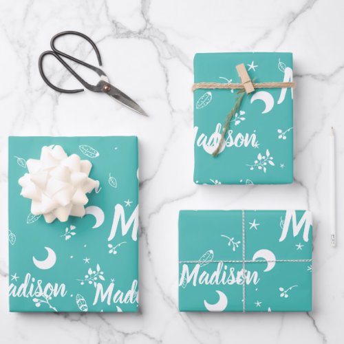 Personalized Name Vibrant Turquoise Blue Girl Wrapping Paper Sheets