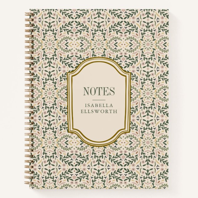 Personalized Name Vintage Floral Pink Green Chic Notebook (Front)
