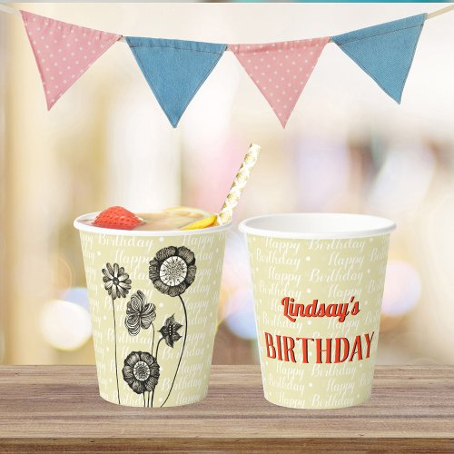 Personalized Name Vintage flowers Floral Birthday Paper Cups
