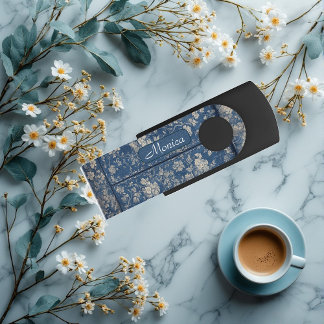 Personalized Name Vintage French Toile Floral Blue Flash Drive