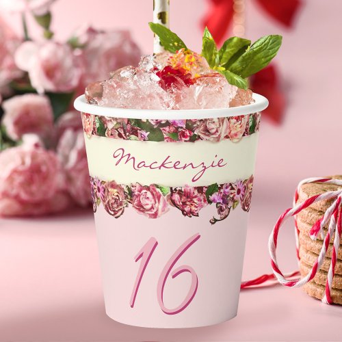 Personalized Name Vintage Roses Cute Pink Sweet 16 Paper Cups