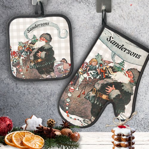 Personalized Name Vintage Santa St Nick Xmas  Oven Mitt  Pot Holder Set