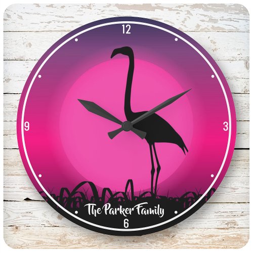 Personalized NAME Vivid Beach Sunset Pink Flamingo Large Clock
