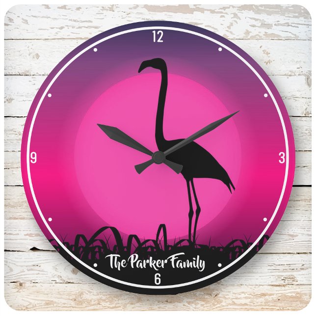 Personalized NAME Vivid Beach Sunset Pink Flamingo Large Clock (Creator Uploaded)